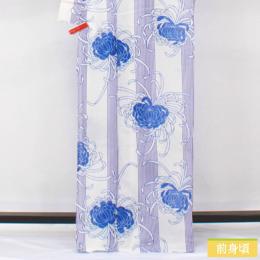(新品未使用品) 浴衣 ポリエステル 身丈167cm 裄丈65.5cm NEWランク 単衣 白系 白色(しろいろ) 糸菊 経縞 1118005761511