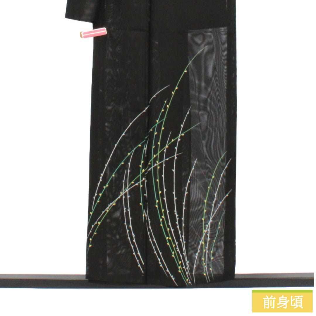夏物 ポリエステル 付下げ Aランク 身丈154.5cm 裄丈64cm 枝模様 洗える着物 絽 黒系 1132005233210