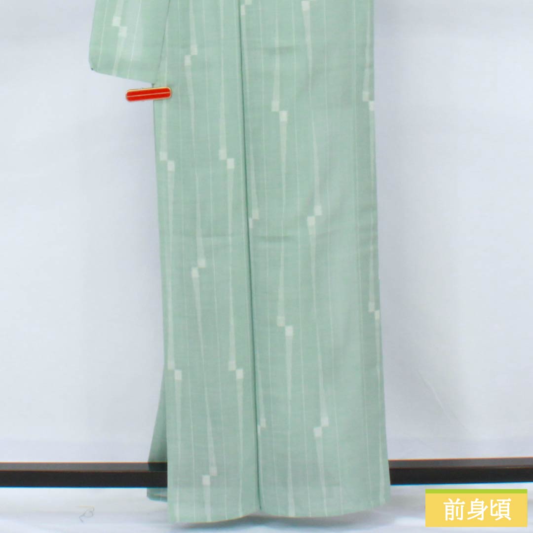 夏物 ポリエステル 小紋 身丈163cm 裄丈65cm 薄水色(うすみずいろ) 縞 洗える着物 紗 Sランク 緑系 1132002662419