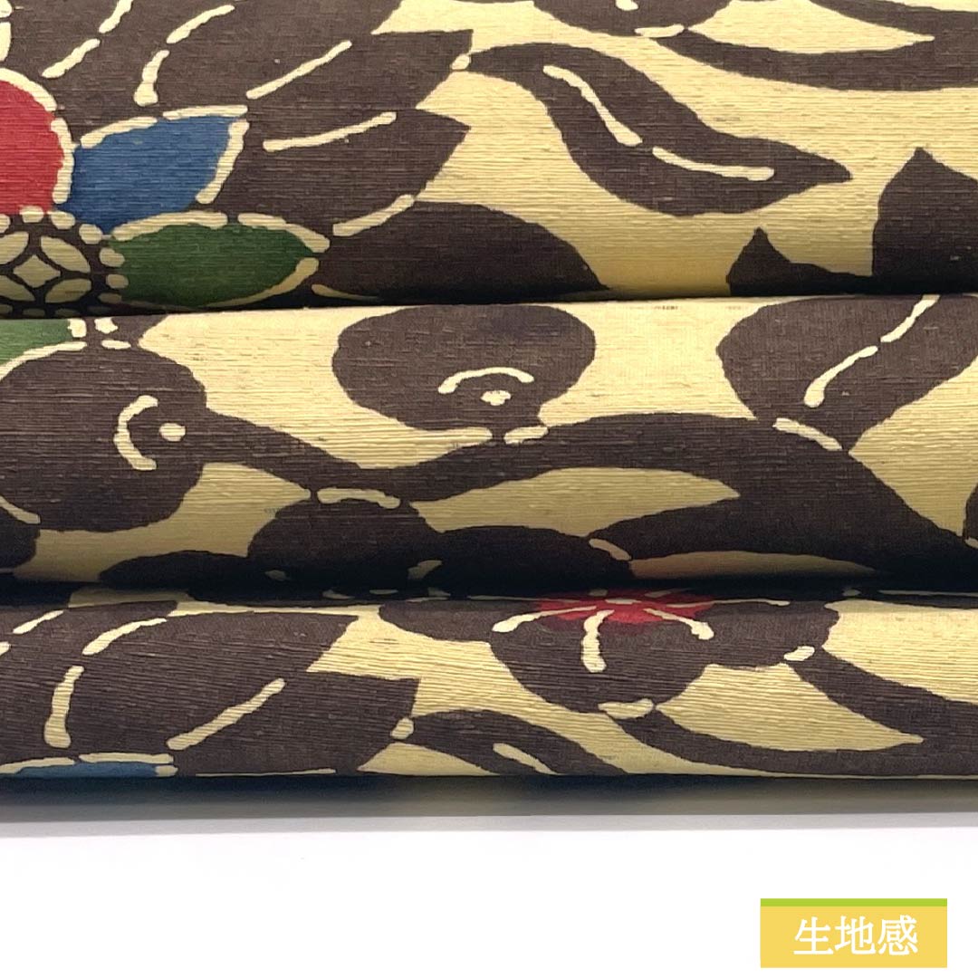 名古屋帯 正絹 Sランク 魚子黄色(ぎょしこういろ) 型染 紅型調 花模様 帯丈360cm 六通 カジュアル クリーム系 1124009672315 名古屋仕立て