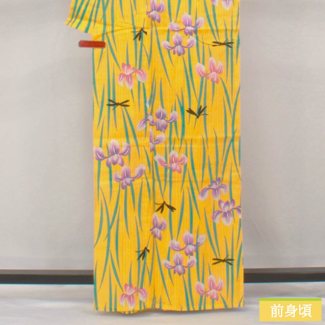 Cotton Yukata, Length 163.5cm, Sleeve Length 66cm, S Rank, Single Layer, Yellow, Kikuchinashiiro (Kikuchinashiro), Iris and Dragonfly Design, 1118006392423