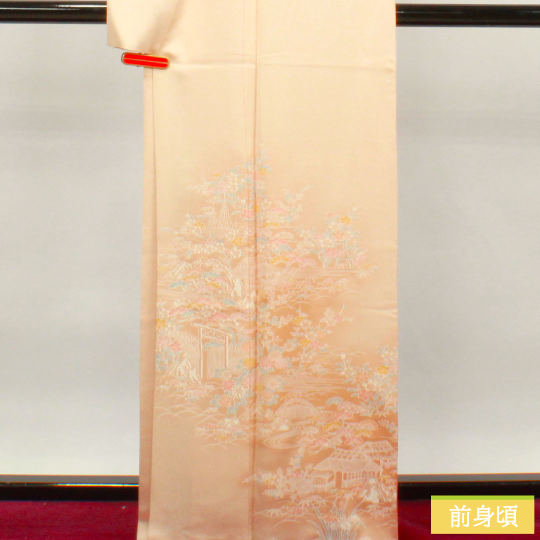 Homongi, pure silk, lined, length 164.5cm, sleeve length 66.5cm, light color, Kyo-Yuzen, floral pattern, Tango crepe, S rank, orange, 1112003502426