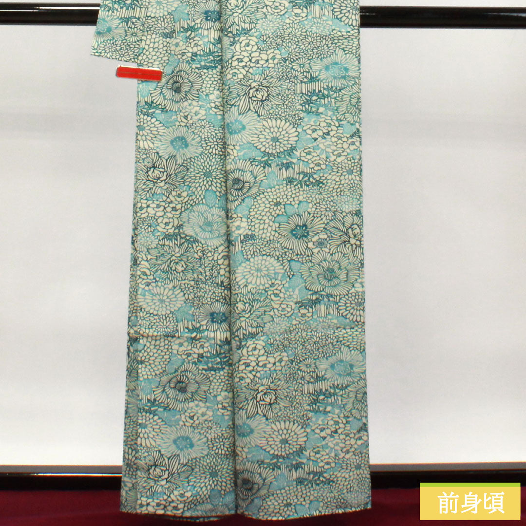 小紋 ポリエステル 身丈160.5cm 裄丈63.5cm 袷 卯の花色 型染 菊 竹 洗える着物 Sランク 白系 1115003752411