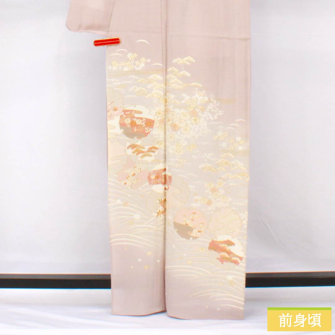 夏物 正絹 訪問着 身丈165cm 裄丈66cm 薄梅鼠色(うすうめねずいろ) 京友禅 金彩 雪輪 絽 Aランク グレー系 1132002033522