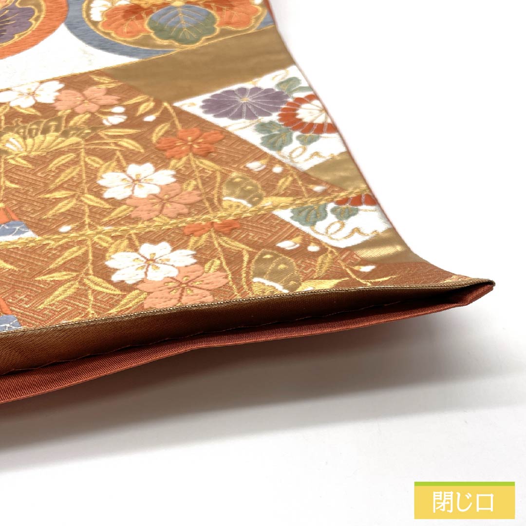 袋帯 正絹 振袖用 吉祥文様 丸紋 唐花 蝶 帯丈434cm Aランク 六通 フォーマル 金系 1123014273321