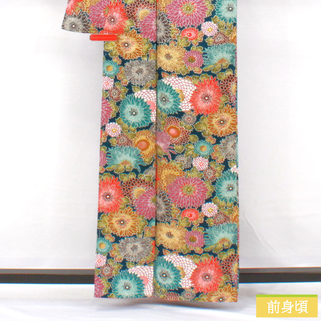 小紋 ポリエステル 身丈161.5cm 裄丈62cm 袷 青藍色(せいらんいろ) 洗える着物 菊 しつけ糸付き Sランク 紺系 1115004522418