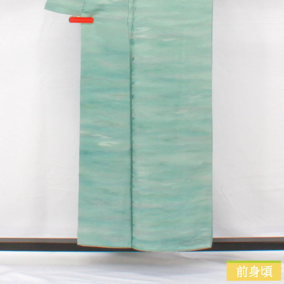 色無地 正絹 身丈156cm 裄丈64cm 砧青磁色(きぬたせいじいろ) 天蚕糸 丹後ちりめん 一つ紋 袷 Sランク 青系 1114001572317