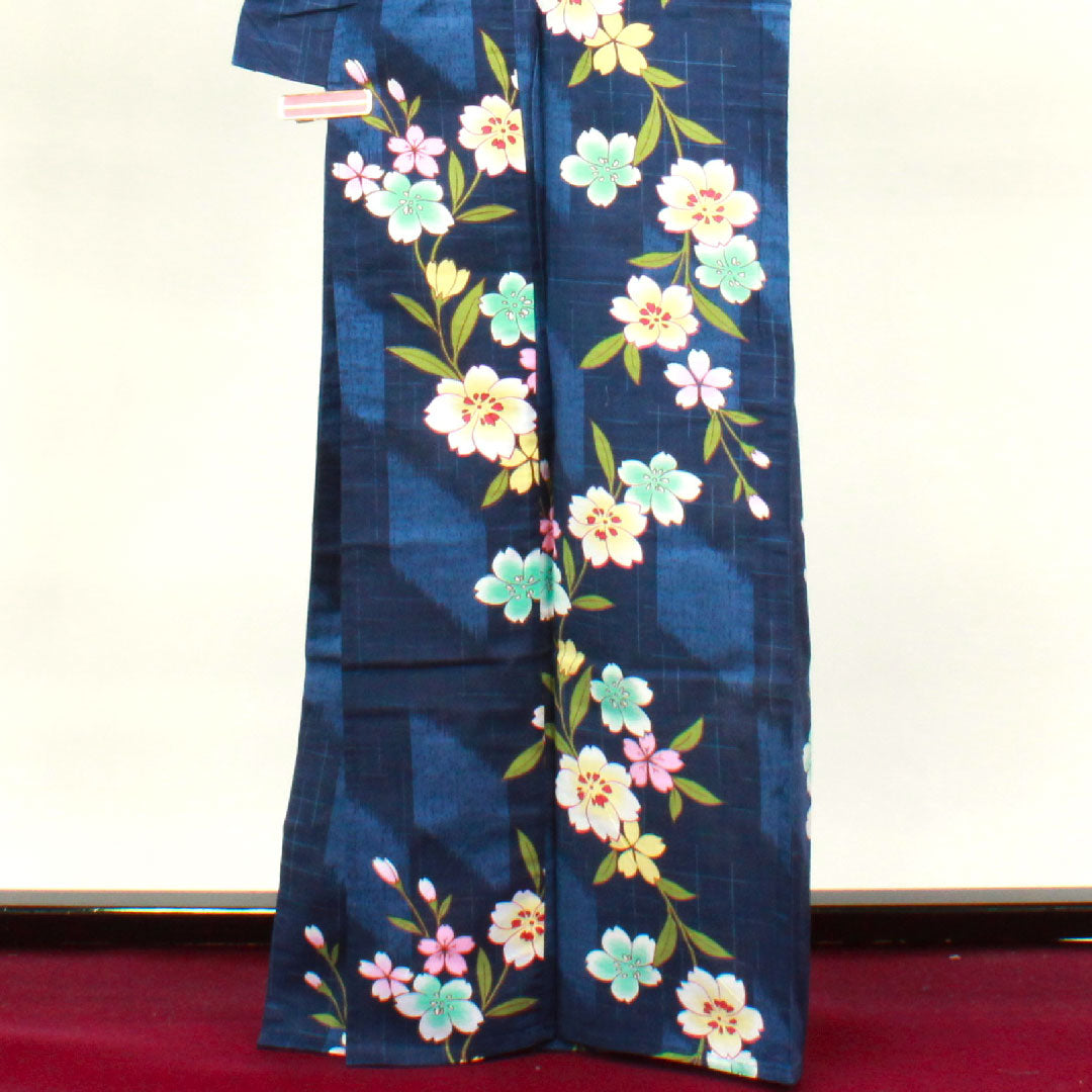 浴衣 紺瑠璃色 桜 木綿 Sランク 単衣 身丈166.5cm 裄丈65cm 紺系 1118002002518