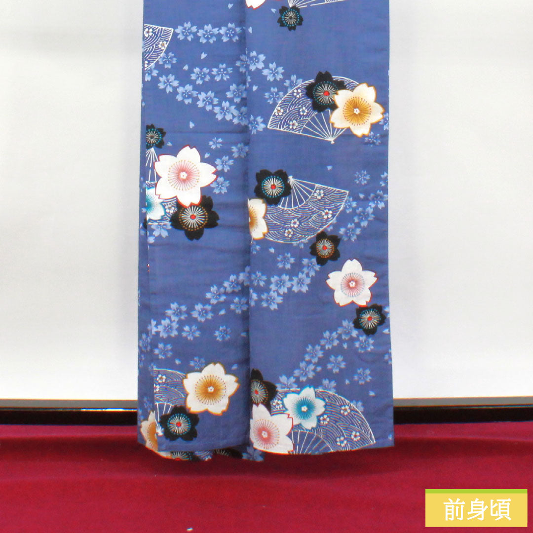 浴衣 木綿 身丈160cm 裄丈64cm Sランク 単衣 青系 江戸納戸色(えどなんどいろ) 桜 扇子 1118005192417