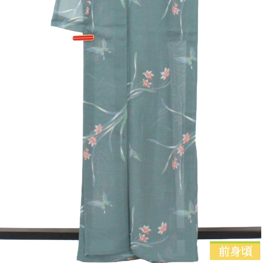 夏物 ポリエステル 小紋 Sランク 身丈164cm 裄丈66cm 浅葱鼠色(あさぎねずいろ) 洗える着物 蝶 草花模様 絽 緑系 1132005652419