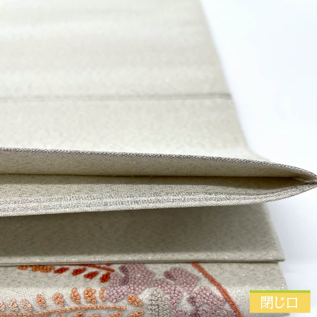 袋帯 正絹 胡粉色(ごふんいろ) 綴れ織 相良刺繍 扇面 牡丹 帯丈448cm Aランク ポイント柄 フォーマル 白系 1123012653311