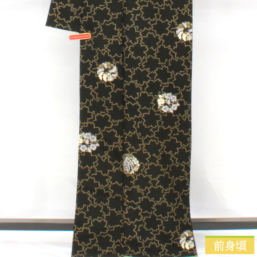 小紋 ポリエステル 身丈166.5cm 裄丈67cm 袷 洗える着物 桜 花模様 Sランク 黒系 1115004952510