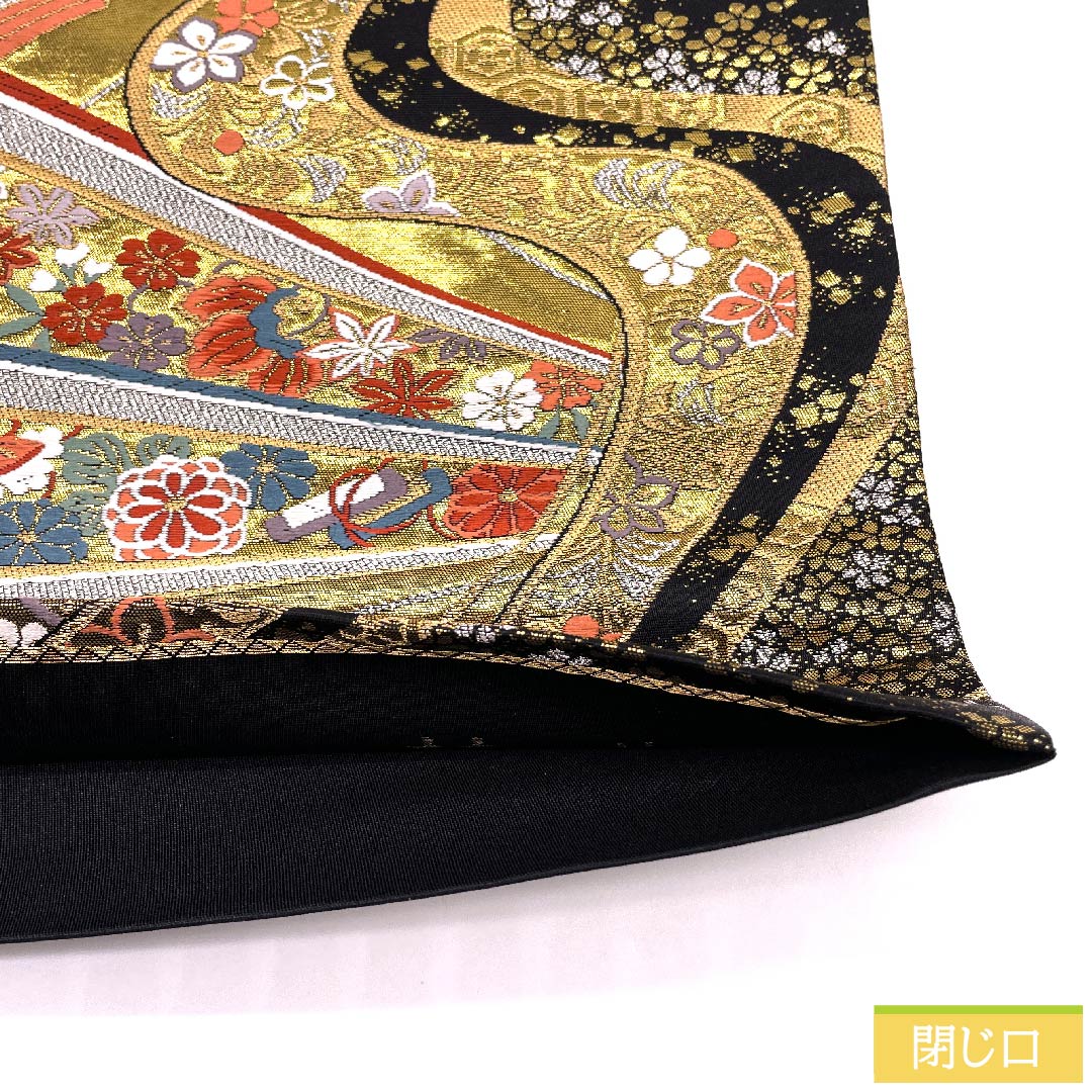 袋帯 黒色 鼓典錦 宝尽くし 扇 菊 帯丈456cm 正絹 Sランク 六通 フォーマル 黒系 1123010392410
