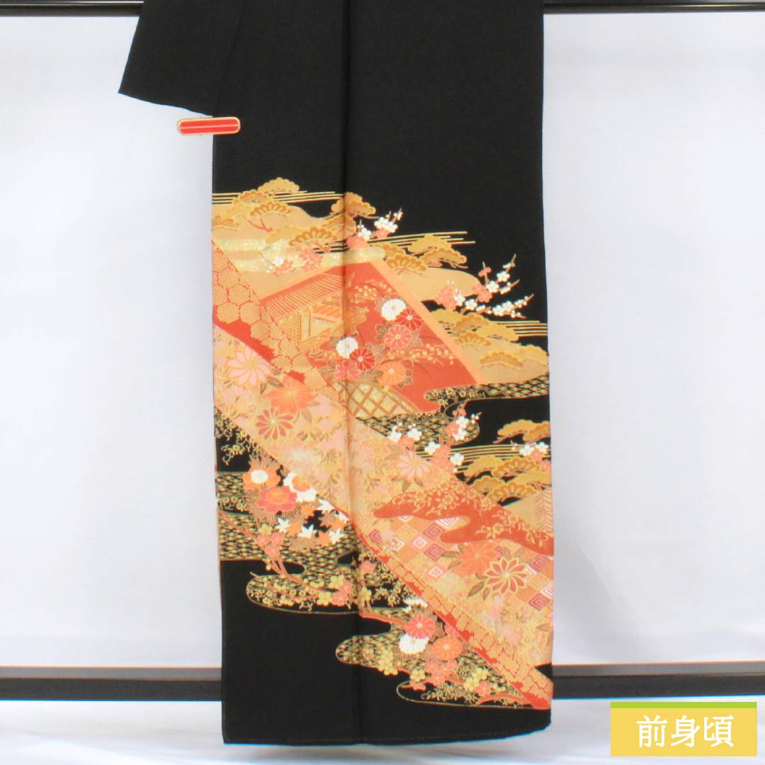 黒留袖 正絹 Aランク 身丈158.5cm 裄丈62.5cm 袷 京友禅 吉祥文様 五つ紋 丸に剣片喰 御所車 松 五つ紋 黒系 1111001803310