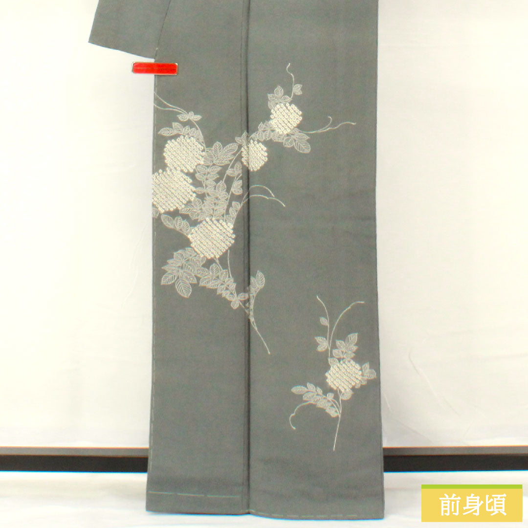 訪問着 正絹 袷 身丈163.5cm 裄丈63.5cm 青鈍色(あおにびいろ) 紫陽花 部分絞り Aランク グレー系 1112005353422