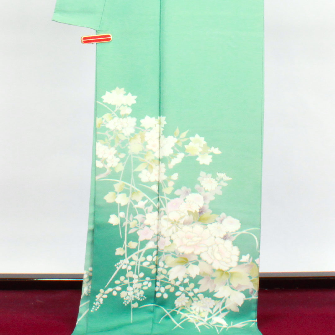 訪問着 袷 身丈173cm 裄丈68cm 秘色色 京友禅 草花模様 正絹 Sランク 緑系 1112002722619