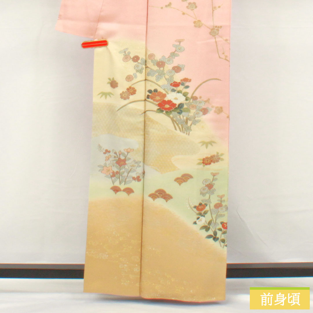 訪問着 正絹 袷 身丈161.5cm 裄丈65.5cm 薄紅梅色(うすこうばいいろ) 京友禅 吉祥文様 Bランク ピンク系 1112006004413