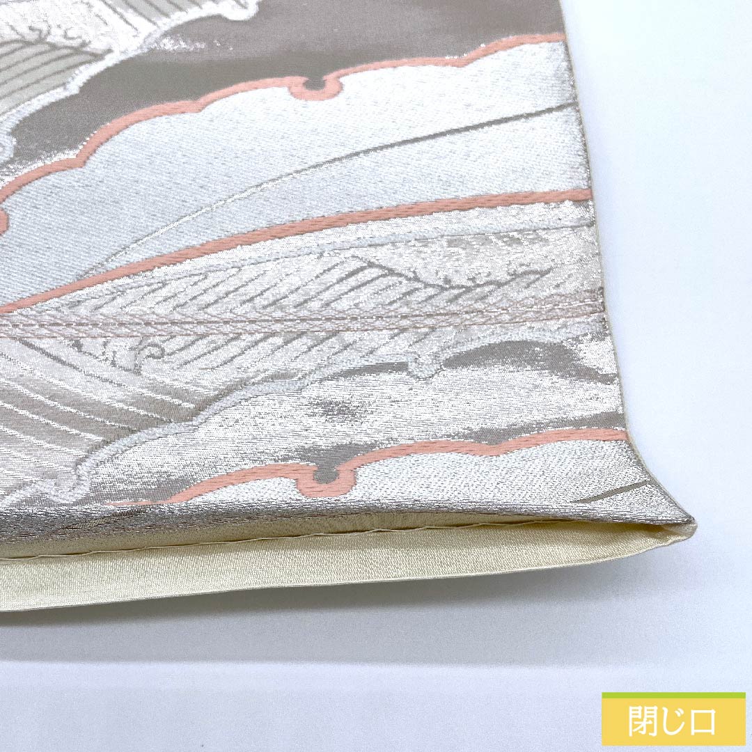 袋帯 胡粉色(ごふんいろ) 雪輪 波 帯丈422cm 正絹 Sランク 六通 フォーマル 銀系 1123010332322
