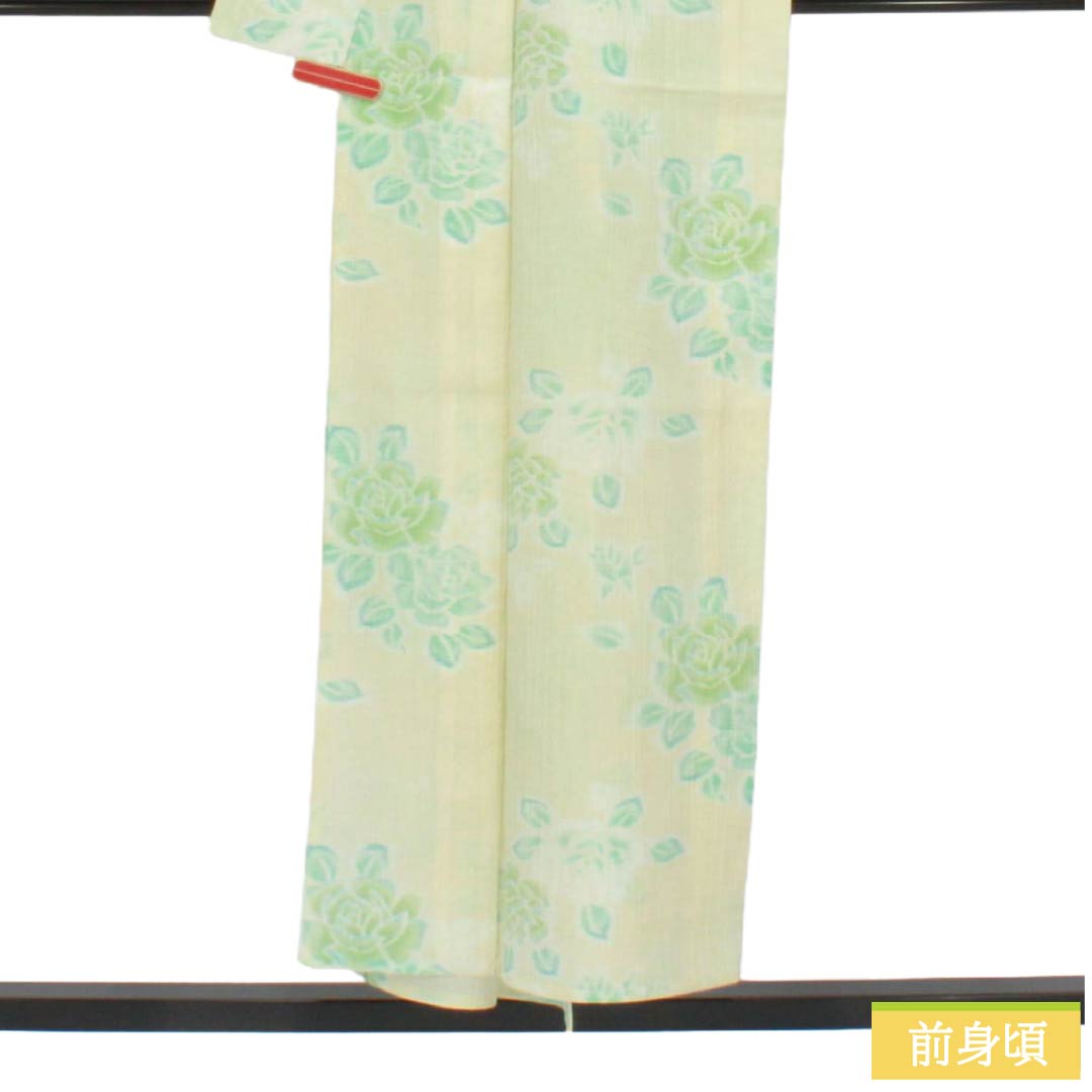 夏物 ポリエステル 紬 Aランク 身丈152.5cm 裄丈62cm 牙黄色(げおういろ) 薔薇 縮風 紗 黄系 1132006333223