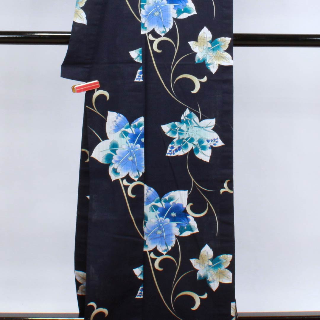 Yukata, dark blue, bush clover, maple leaves, chrysanthemum, arabesque cotton, S rank, single layer, length 167cm, sleeve length 67cm, navy blue, 1118004432518