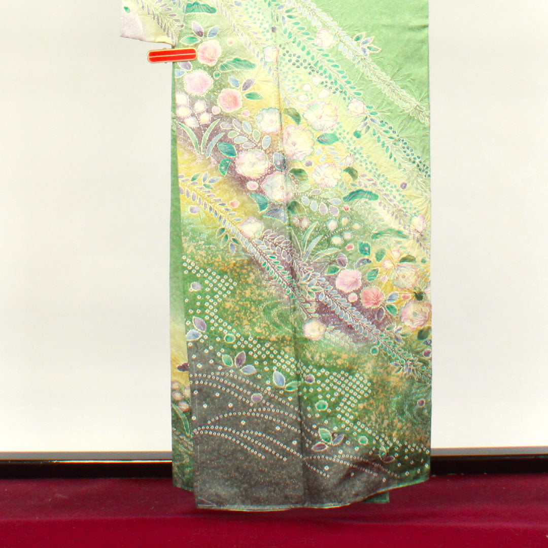 訪問着 袷 身丈157.5cm 裄丈63cm 山葵色 しつけ糸付き 未使用品 京友禅 辻ヶ花 正絹 Sランク 緑系 1112002702319