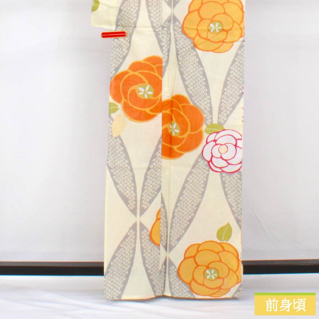 浴衣 木綿 身丈165cm 裄丈66cm NEWランク 単衣 クリーム系 牙黄色(げおういろ) 新品未使用品 花 1118005561515