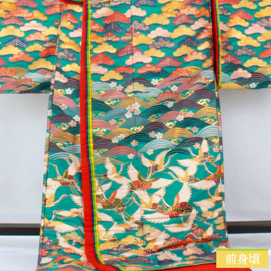 色打掛 正絹 Sランク 身丈194cm 裄丈64.5cm 浅葱色(あさぎいろ) 松 波 鶴 袷 青系 1110001082917