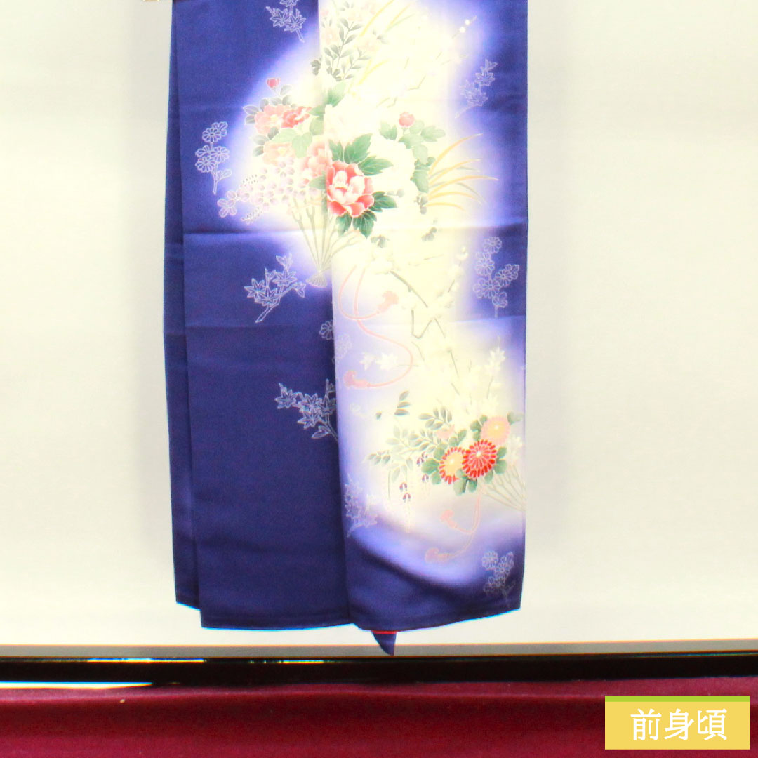 Homongi, pure silk, lined, length 150cm, sleeve length 62.5cm, blue-purple, floral pattern, fan, S rank, navy blue, 1112004202118