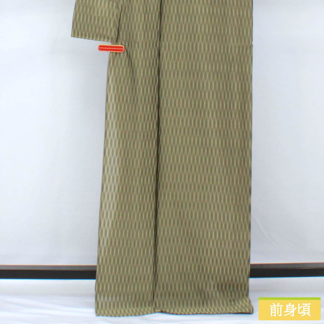 夏物 正絹 紬 身丈172cm 裄丈67cm 鈍色(にびいろ) 関絹織物 薩摩透かし織 本場縞大島 紗 Aランク 緑系 1132001983619