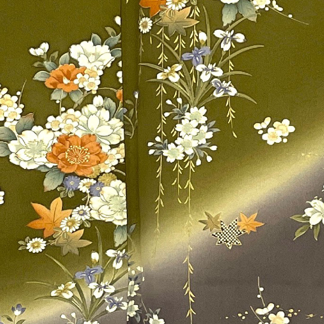小紋 身丈164cm 裄丈67cm 袷 染め分け 草花模様 正絹 Sランク 緑系 1115001392419