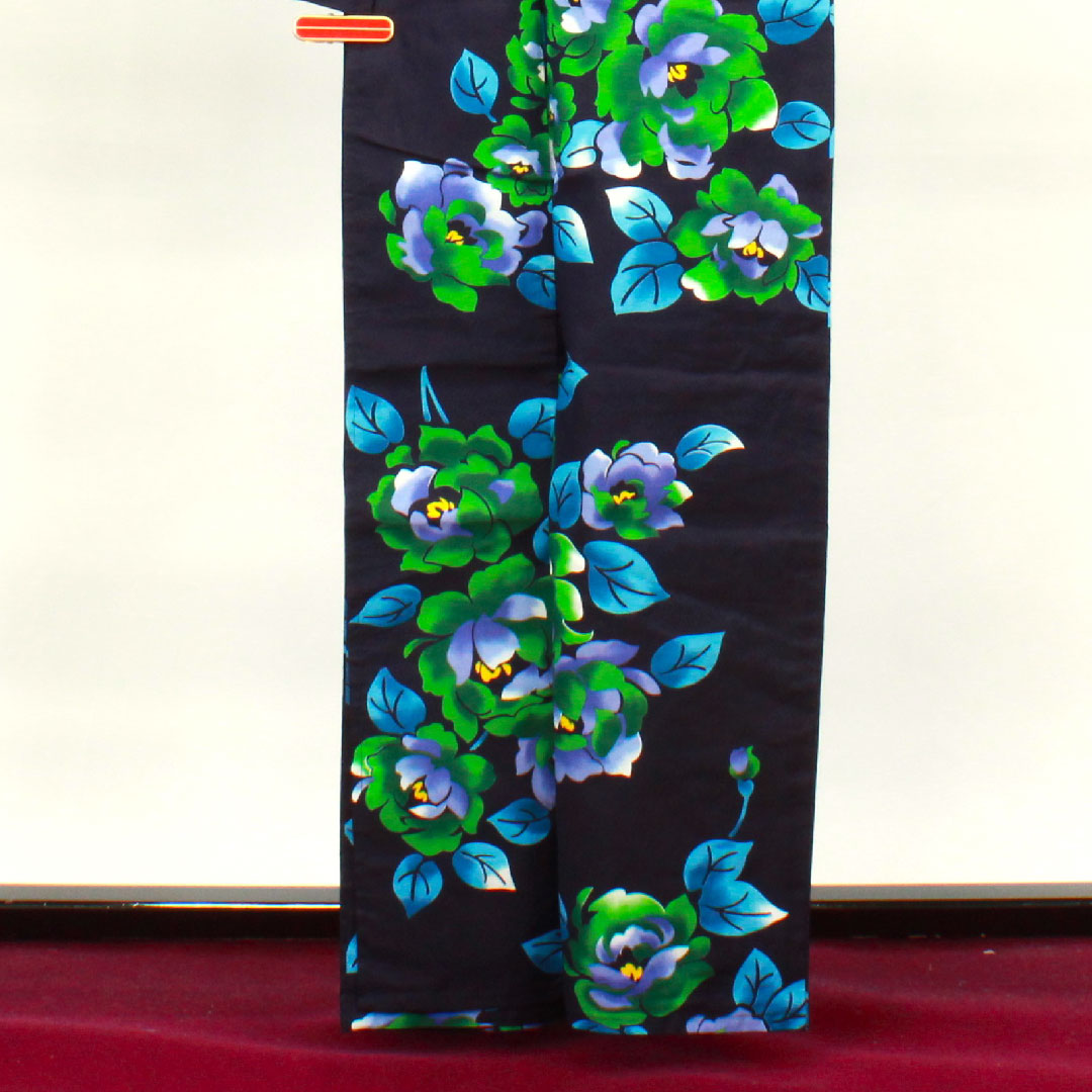 浴衣 濃紺色 山茶花 木綿 Sランク 単衣 身丈162cm 裄丈65.5cm 紺系 1118002582418
