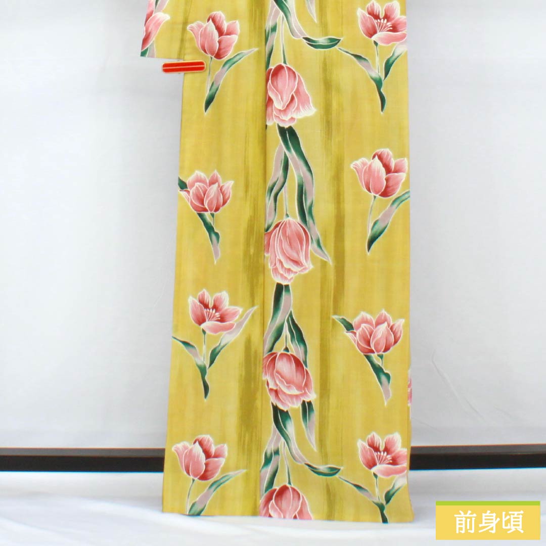 Yukata Polyester Length 167cm Sleeve length 66.5cm S rank Single layer Yellowish yellow (sekkouiro) Tulip 1118005552523