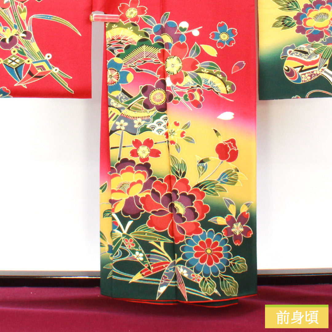 Furisode, pure silk, length 159.5cm, sleeve length 65.5cm, lined, crimson, Kyoto Bingata, auspicious motif, Scotchgard, S rank, red, 1113002122312