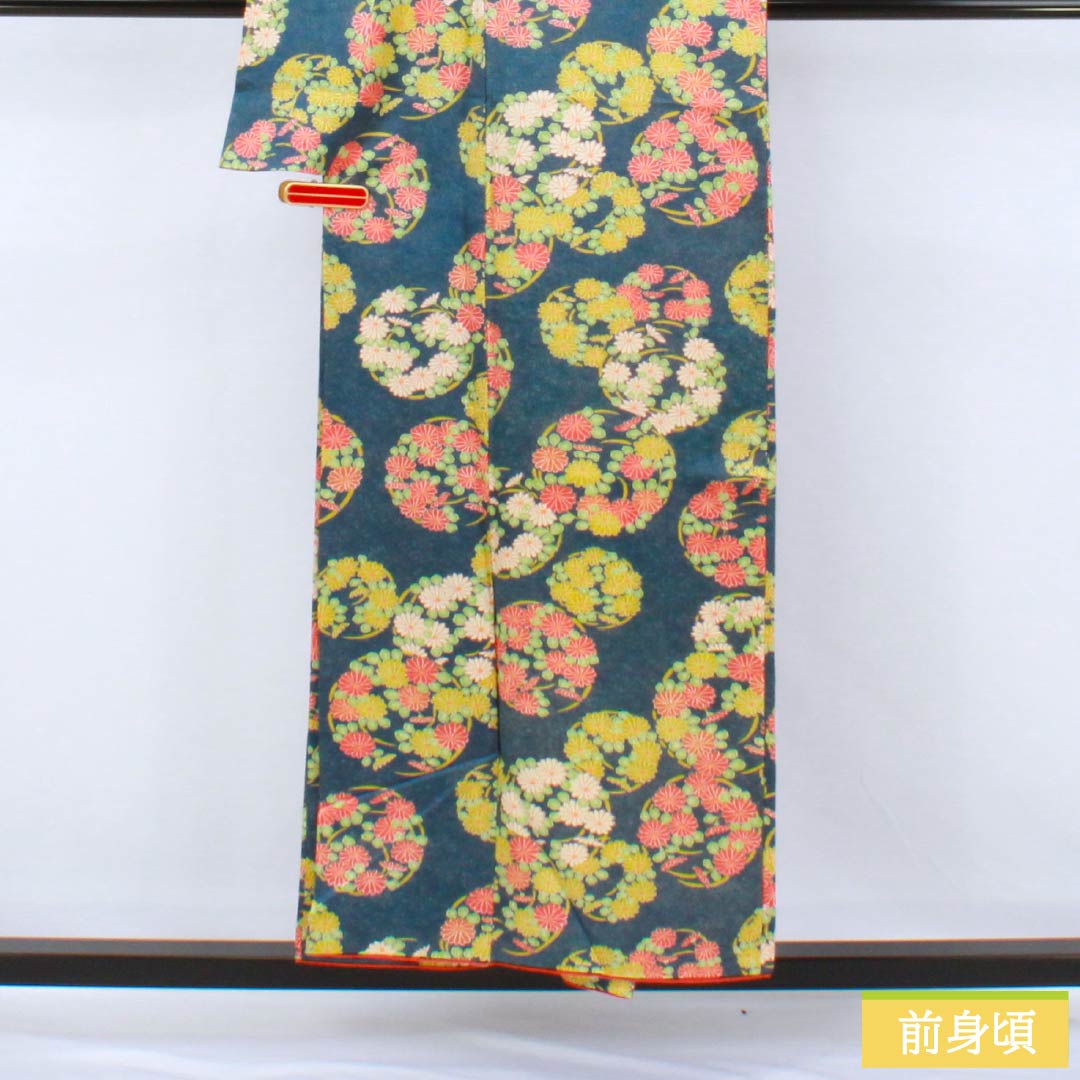 小紋 正絹 Aランク 身丈154cm 裄丈60cm 袷 紺色(こんいろ) 花丸紋 紺系 1115007693218