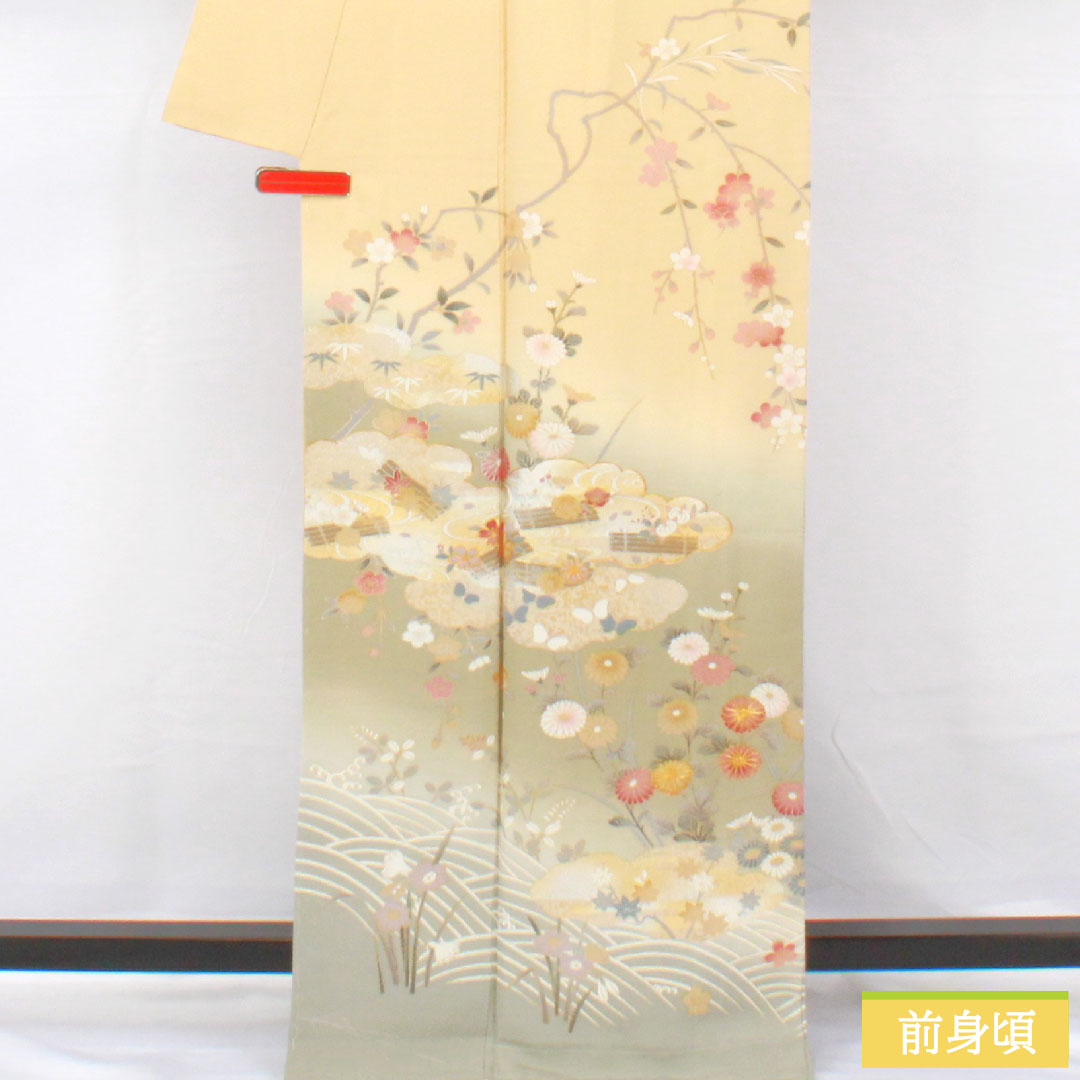 訪問着 正絹 袷 身丈165.5cm 裄丈66.5cm 東京白茶色(とうきょうしらちゃいろ) 青磁色(せいじいろ) 京友禅 草花模様 Sランク グラデーション系 1112005722599