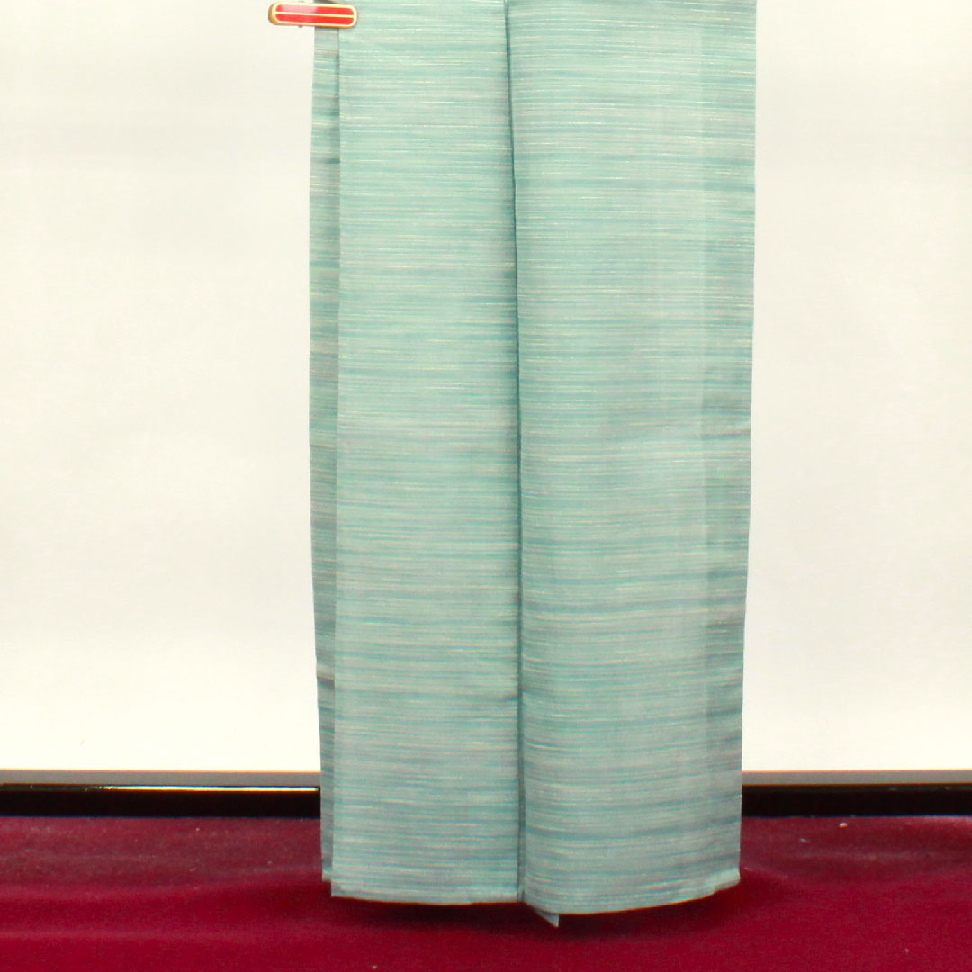 夏物 正絹 紬 身丈163cm 裄丈63cm 薄水色(うすみずいろ) 横縞 紗 Aランク 水色系 1132001023424