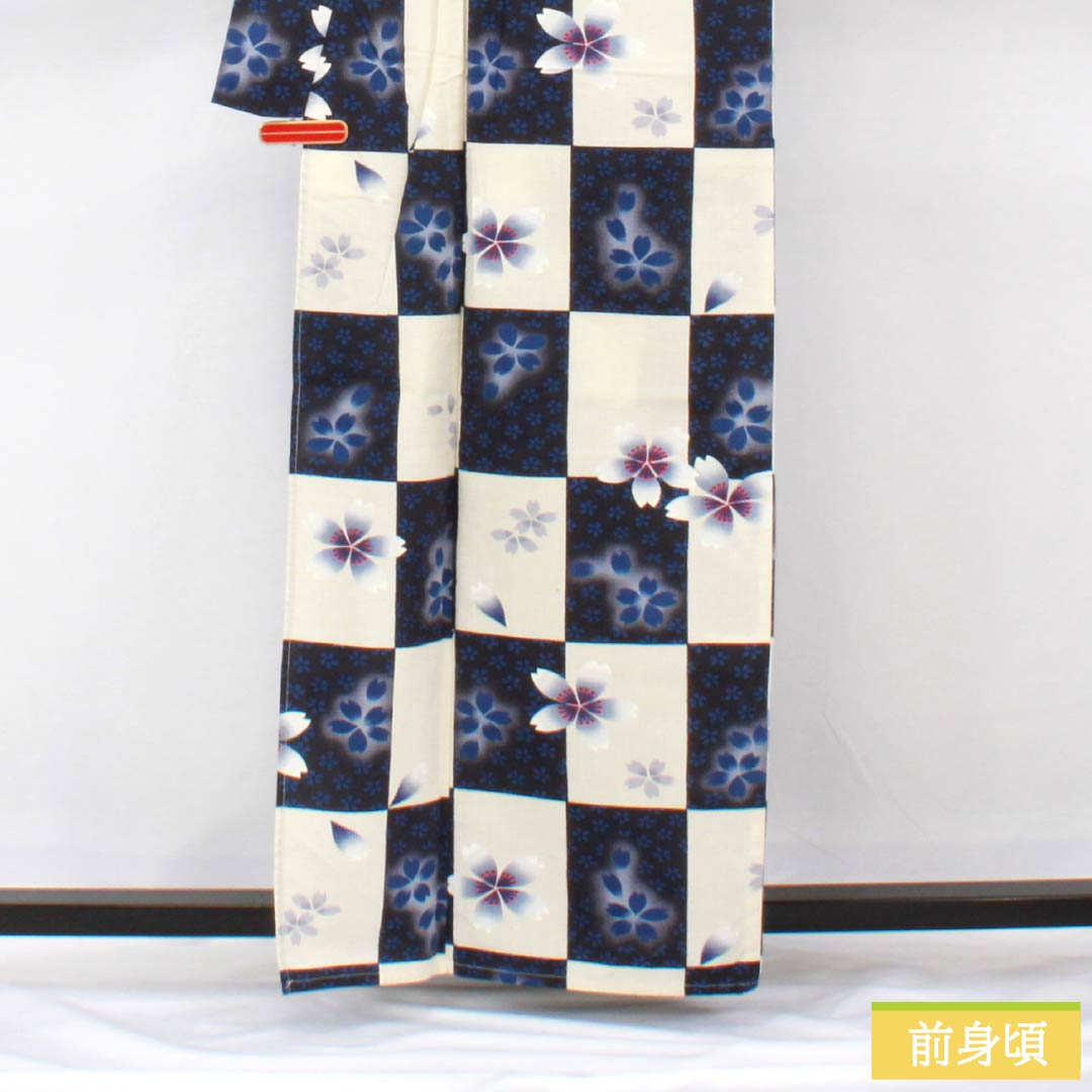 浴衣 木綿 身丈162cm 裄丈69cm Bランク 単衣 グラデーション系 生成り色(きなりいろ) 濃紺色(のうこんいろ) 市松模様 桜 1118005994499