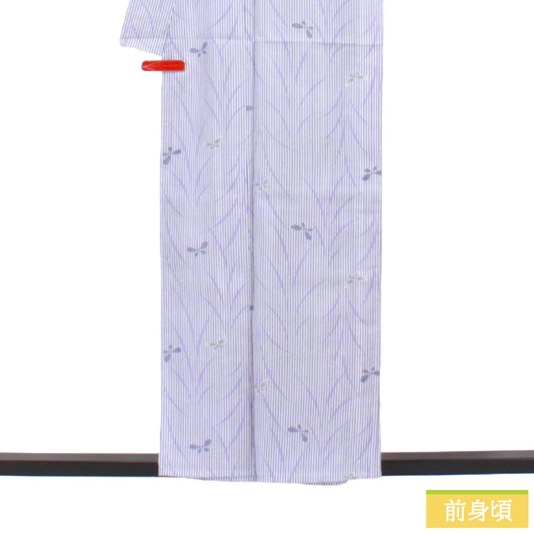 夏物 ポリエステル 小紋 Sランク 身丈155.5cm 裄丈66cm 薄藤色(うすふじいろ) 露芝 蝶 洗える着物 絽 紫系 1132003402320