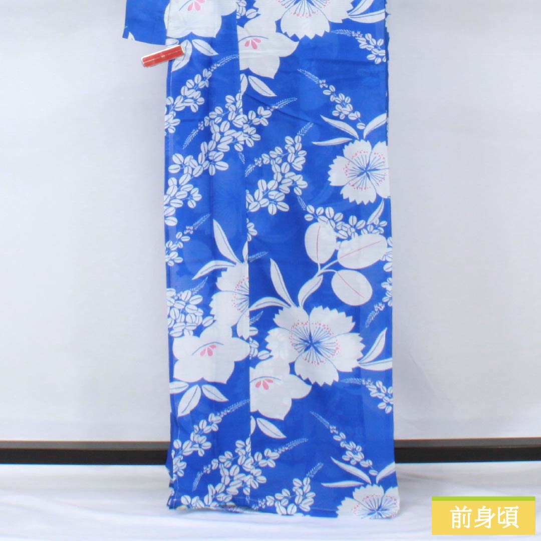 浴衣 ポリエステル 身丈166cm 裄丈65.5cm Aランク 単衣 青系 青色 花柄 桔梗 萩 1118005753517