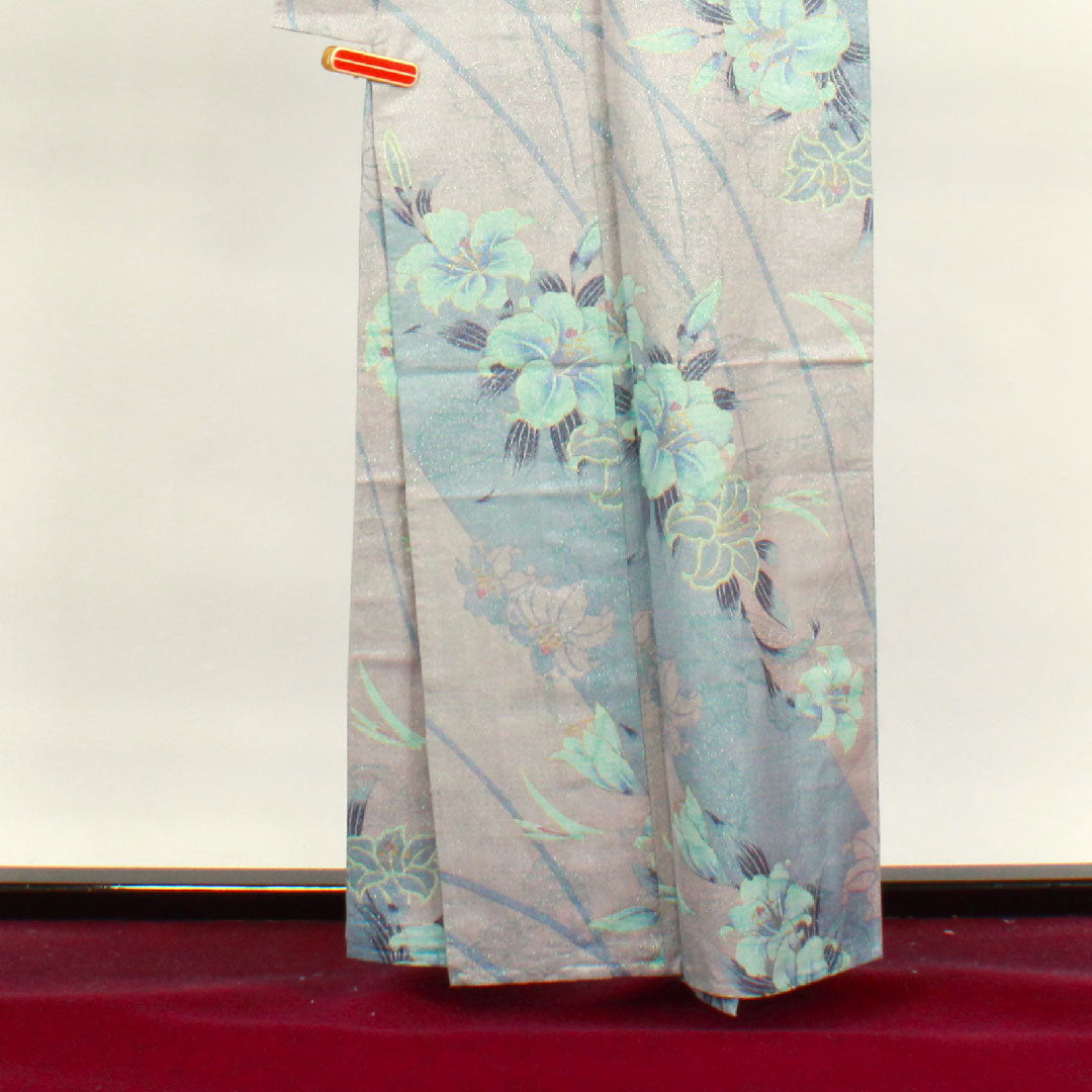 浴衣 鈍紫色 カサブランカ 銀通し 木綿 Sランク 単衣 身丈162cm 裄丈65.5cm グレー系 1118003822422