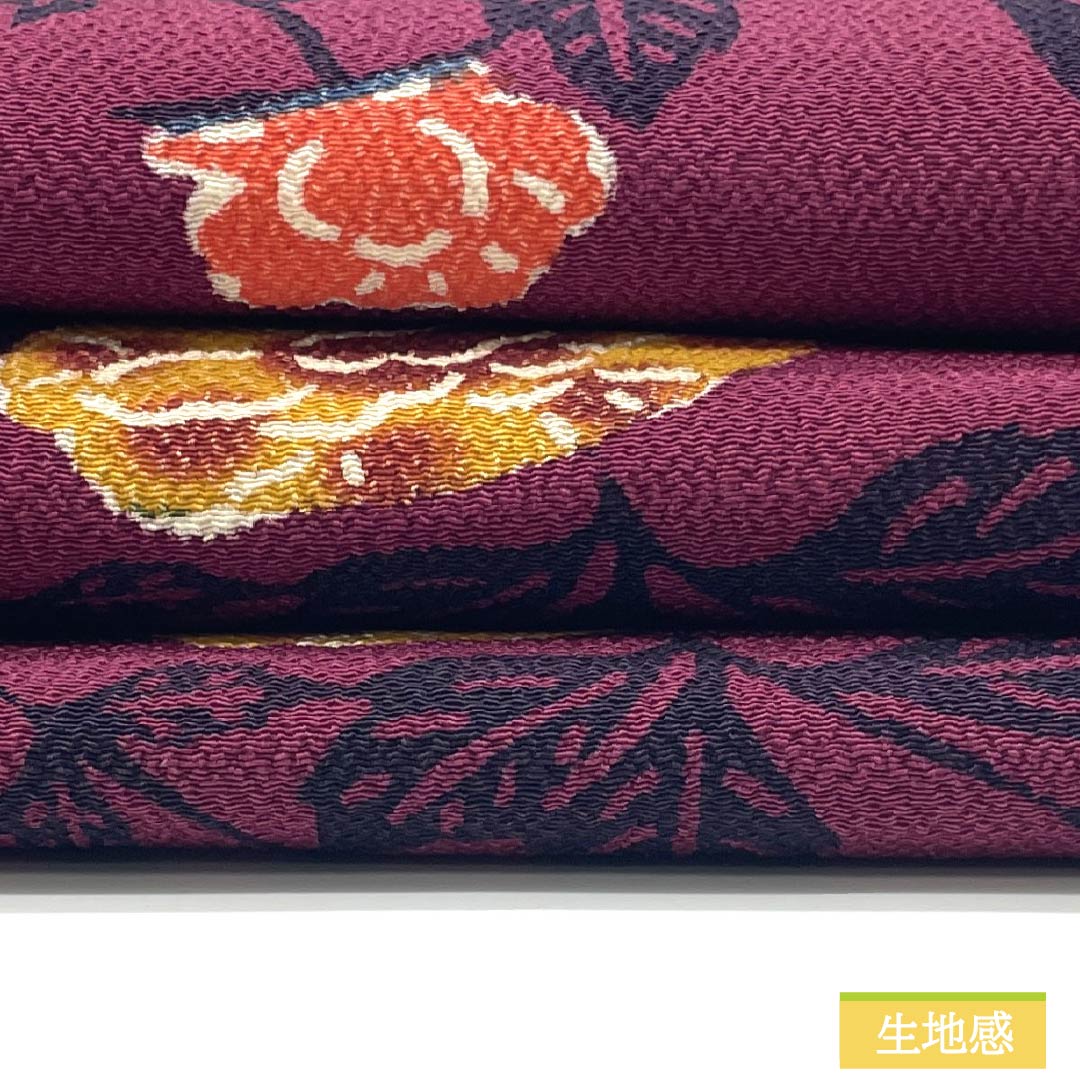 Nagoya Obi, Pure Silk, Grade A, Reddish-Purple, Kyoto Bingata, Fan-Shaped Floral Pattern, Length 368cm, Full Length, Casual, Purple, Product Number: 1124009283320, Nagoya Style