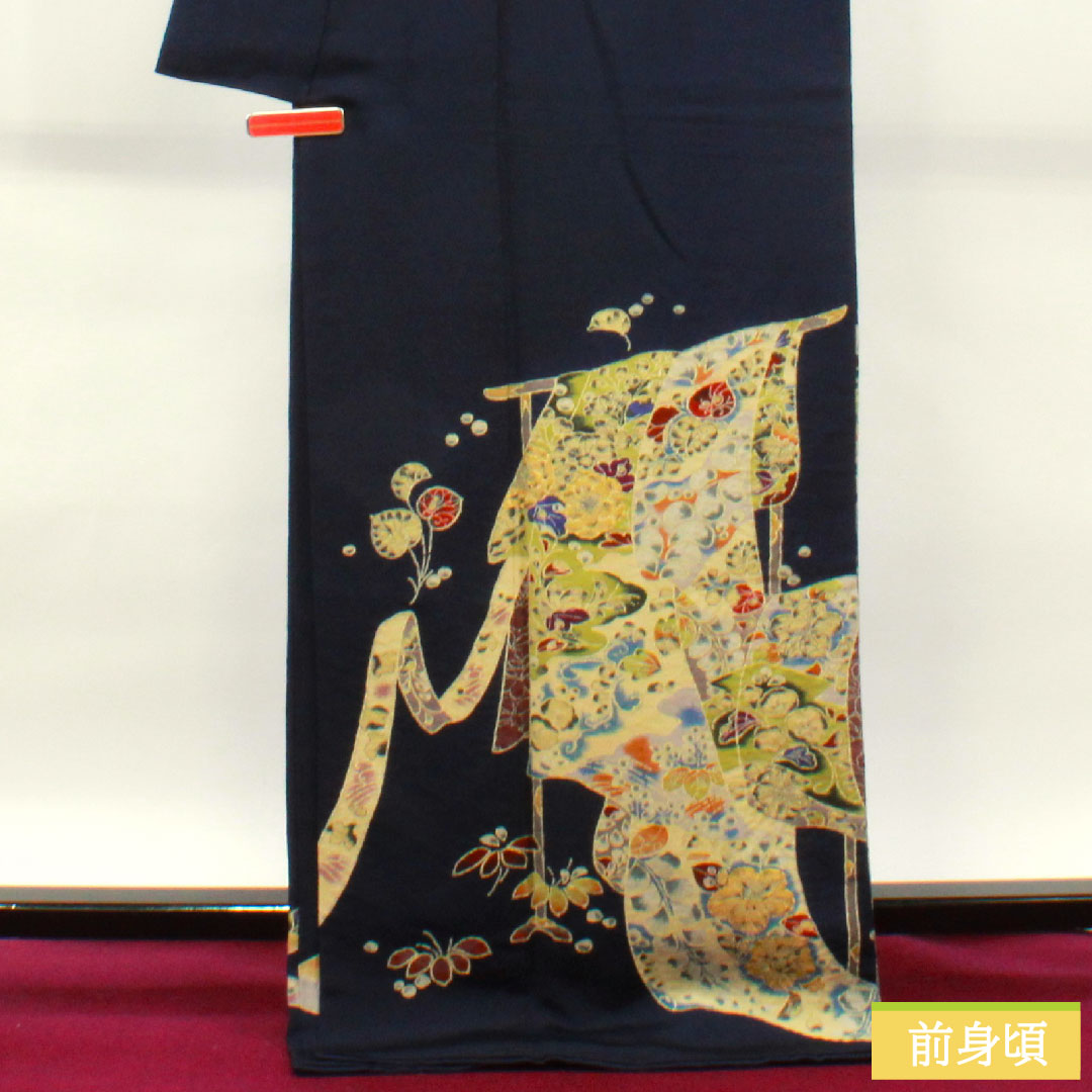 Homongi, pure silk, lined, length 172cm, sleeve length 67cm, dark blue, Tsujigahana, S rank, navy blue, 1112003572618