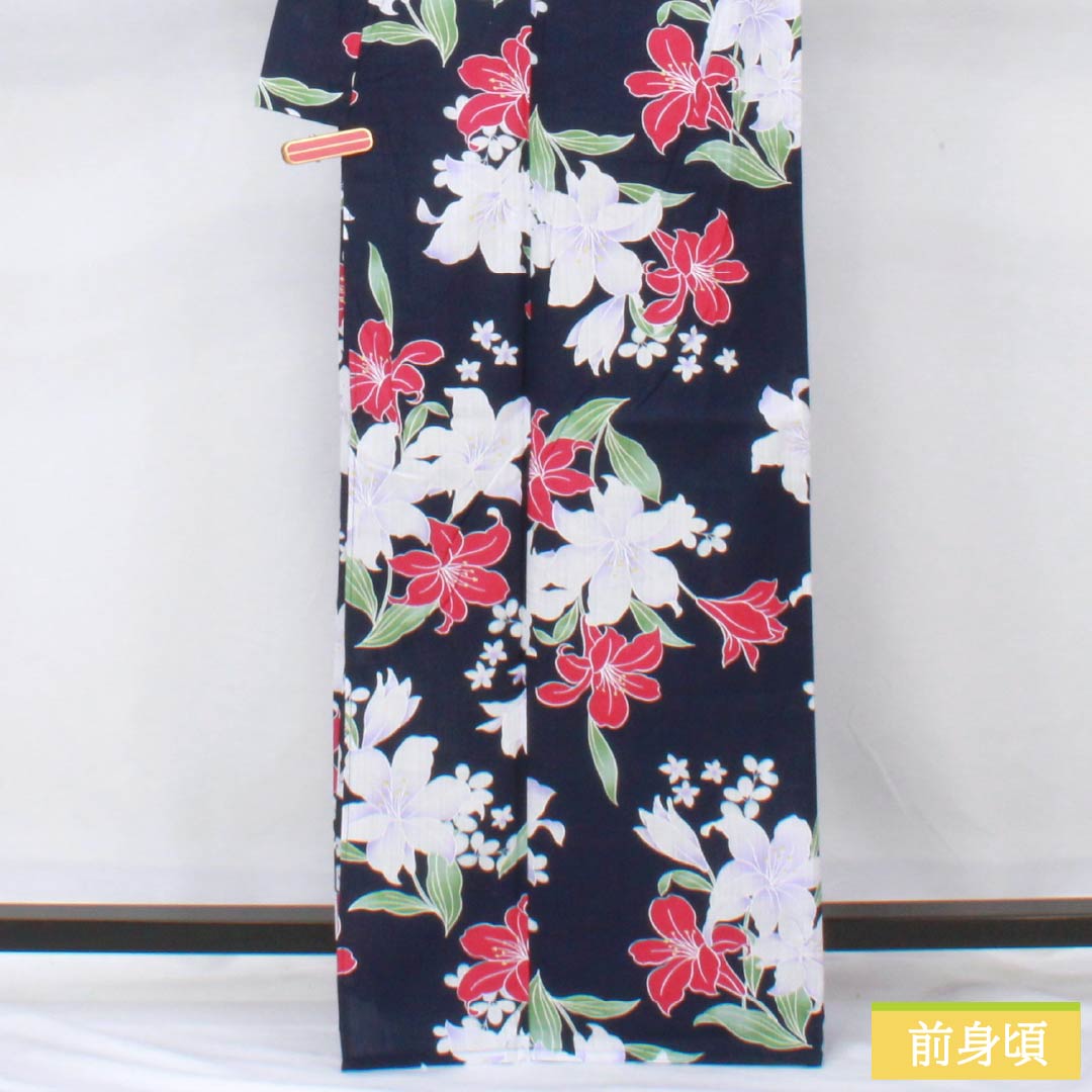 浴衣 木綿 身丈166cm 裄丈65cm Aランク 単衣 紺系 紺色(こんいろ) 百合 INGNI イング 1118006173518