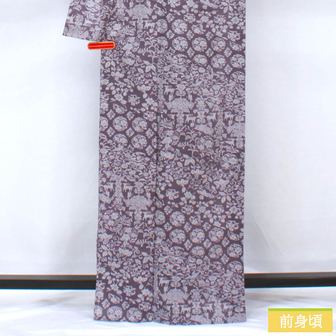 夏物 ポリエステル 小紋 身丈165.5cm 裄丈64.5cm 滅紫色(けしむらさきいろ) 割付 更紗模様 洗える着物 紗 Sランク 紫系 1132002152520