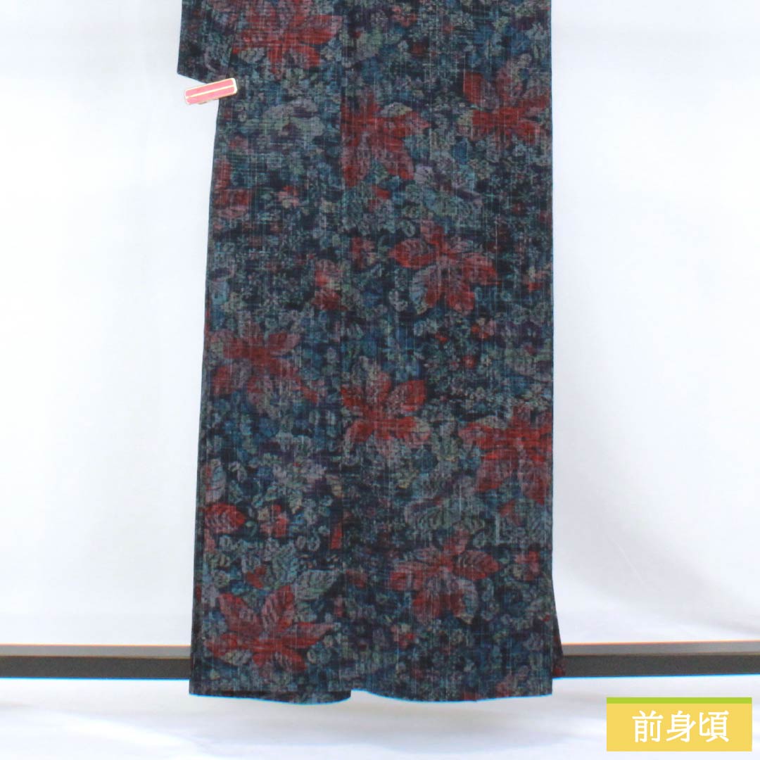 紬 正絹 Sランク 身丈159.5cm 裄丈66cm 濃紺色(のうこんいろ) 草花模様 単衣 紺系 1116005152318