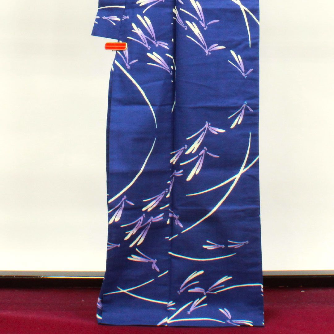 浴衣 しつけ糸付き 未使用品 紺桔梗色 トンボ 木綿 Sランク 単衣 身丈168cm 裄丈66cm 紺系 1118002692518