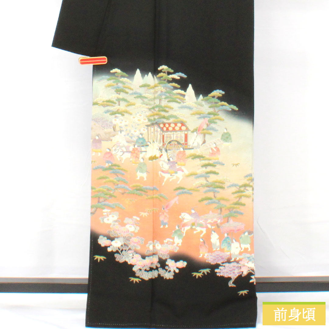 Black formal kimono, pure silk, length 165cm, sleeve length 66cm, lined, Kyoto yuzen, period figure and landscape pattern, artist's work, five crests, five-three paulownia, A rank, black, 1111001633510