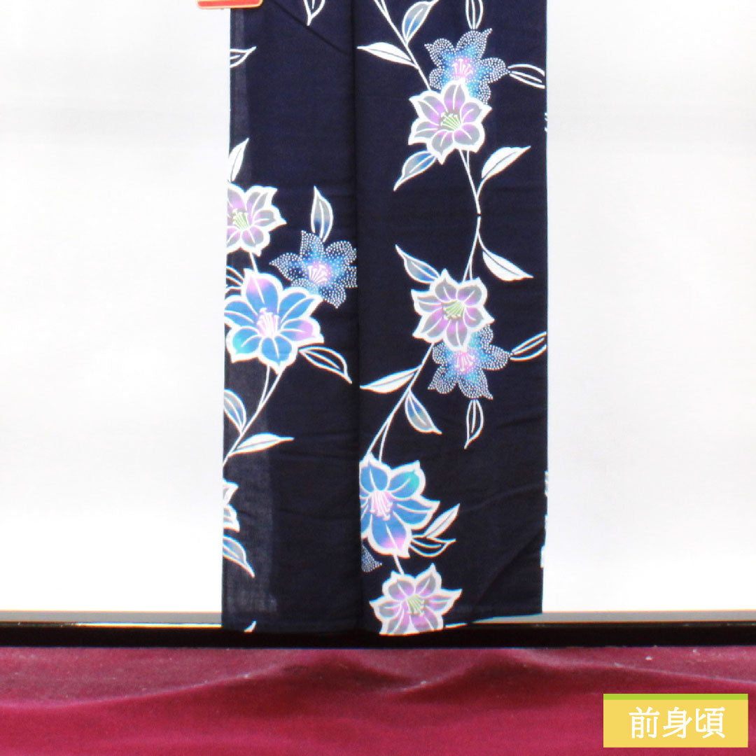 浴衣 木綿 身丈153.5cm 裄丈67.5cm Sランク 単衣 紺系 濃紺色(のうこんいろ) 山茶花 1118004802218