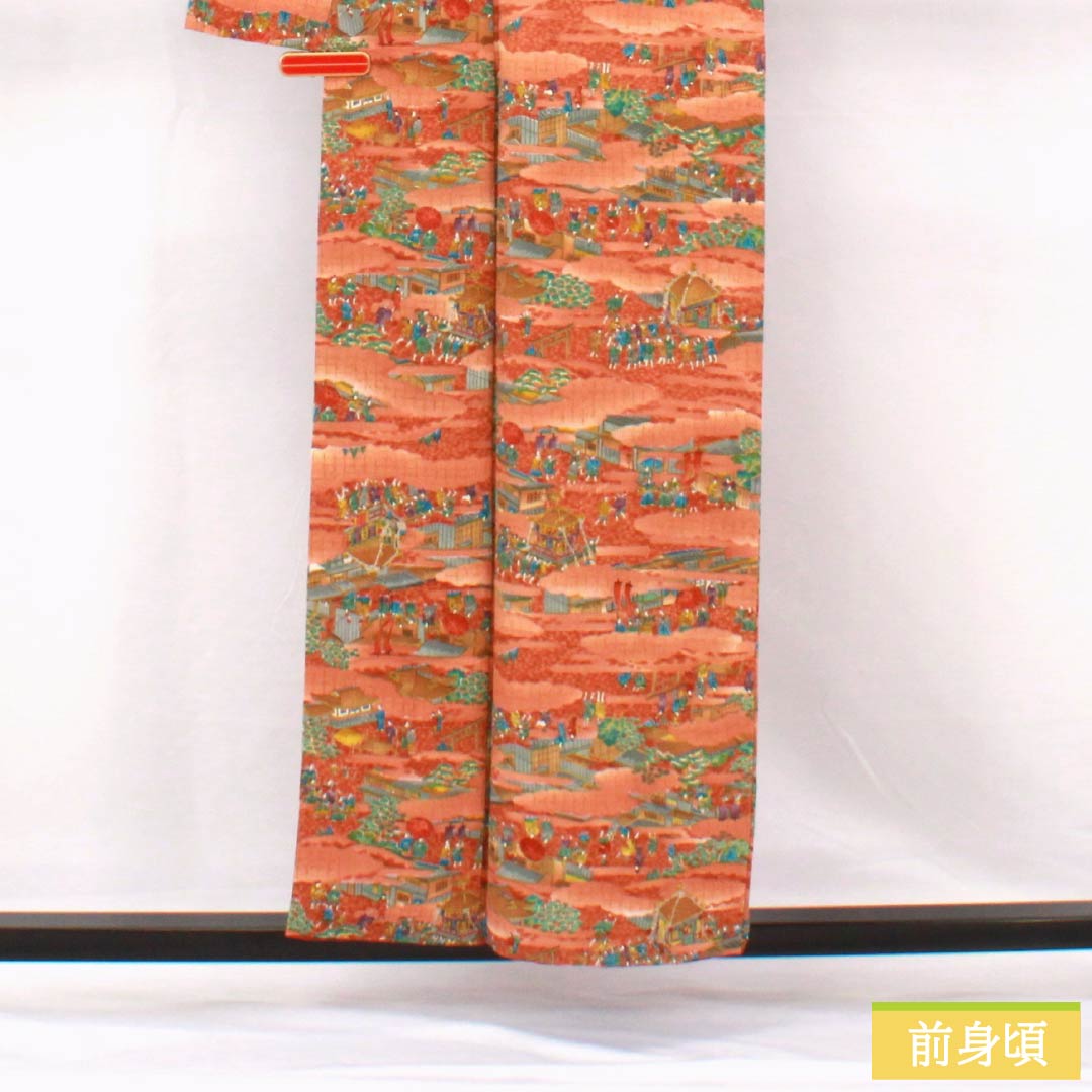 Komon, pure silk, length 155.5cm, sleeve length 66cm, lined, copper color (akaganeiro), historical picture scroll, S rank, brown, 1115005042314