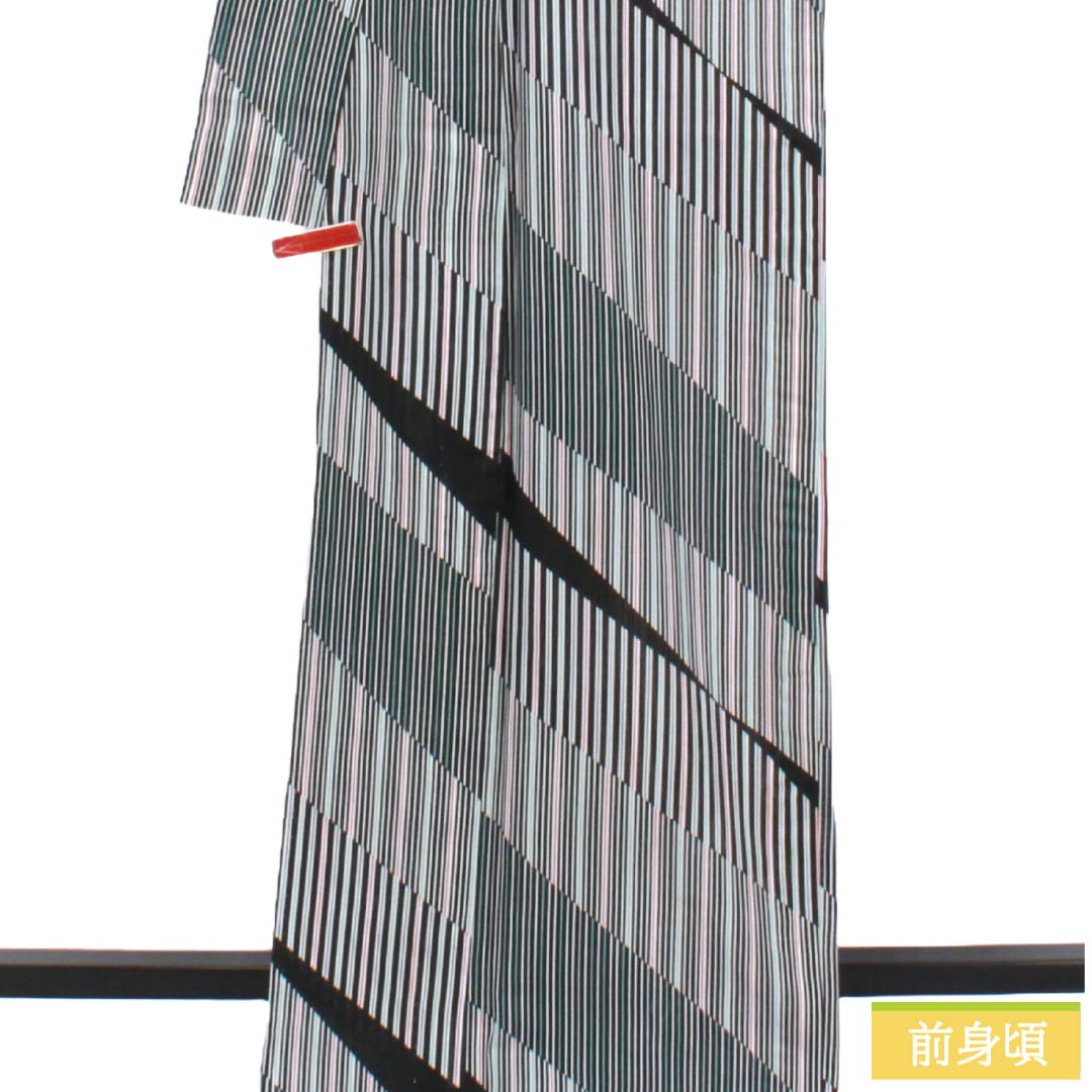 夏物 ポリエステル 小紋 Sランク 身丈166.5cm 裄丈67.5cm 型染 縞 幾何学模様 洗える着物 絽 黒系 1132004992510